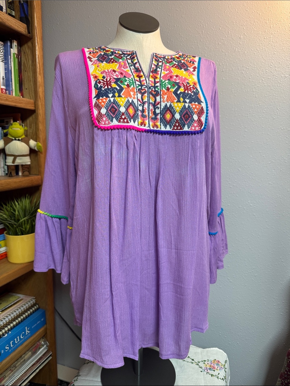 Lilac Embroidered Gauze Peasant Top - Boho Tunic